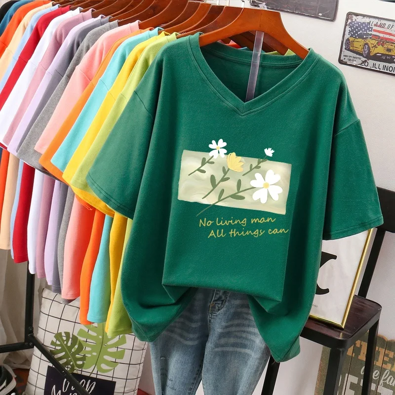Extra Large Size Pure Cotton Short Sleeve Women's T-shirt V-Neck Loose Fit Summer New Style Korean Commute Cartoon Print