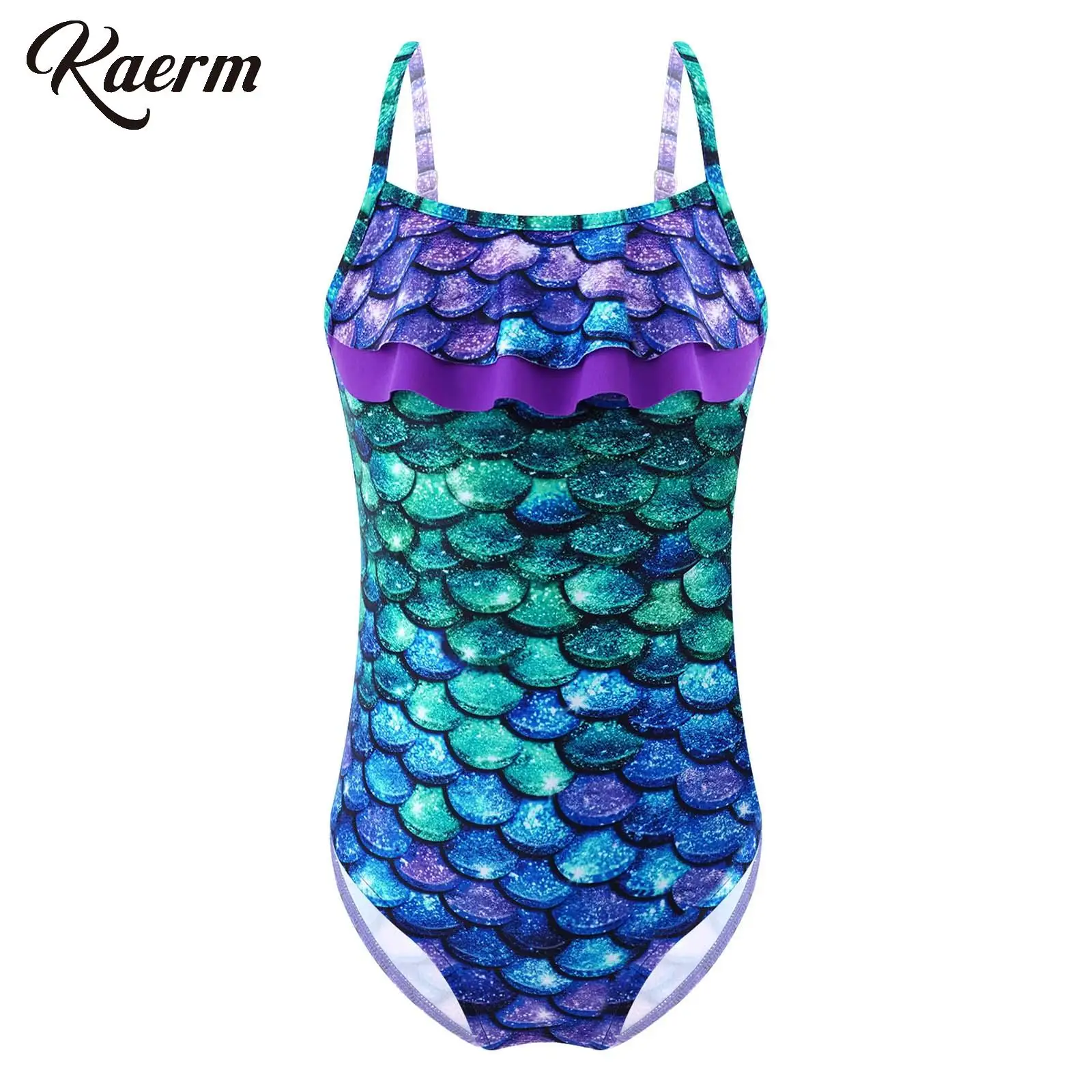 One Piece Mermaid Princess Swimsuit for Girls Ruffles Front Cutout Back Monokini Beach Bathing Suit Swiwmear Bikini