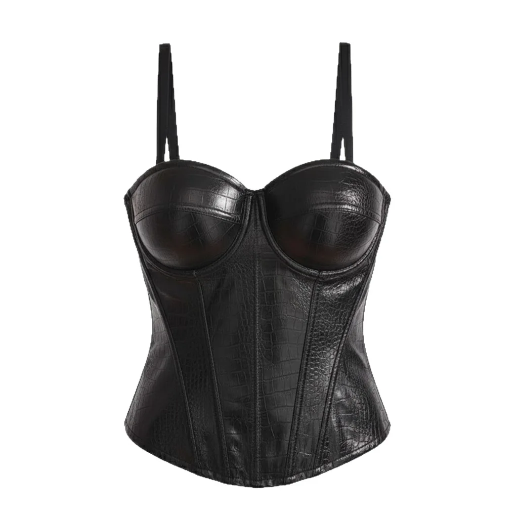 Women's PU Leather Corset Top, Push Up Bustier with Adjustable Straps, Waist Cincher Crop Top for Party Streetwear