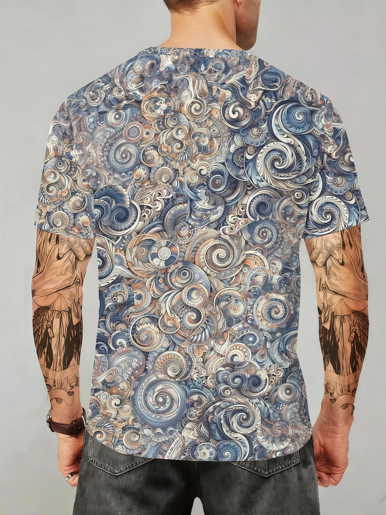 Men Vintage Blue Swirl Pattern Crew Neck Short Sleeve Tee