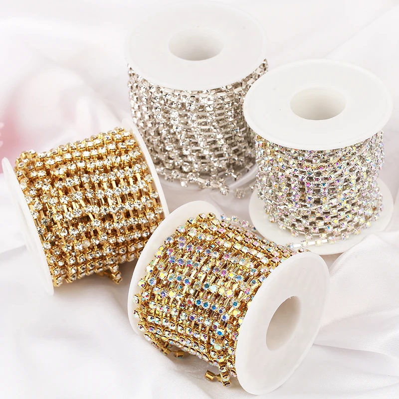 Top Grade SS6-SS38(2mm-8mm)Sparse Clear Crystal Rhinestone Cup Chain Sliver/Gold Crystal AB Rhinestone Chain Trim Decoration