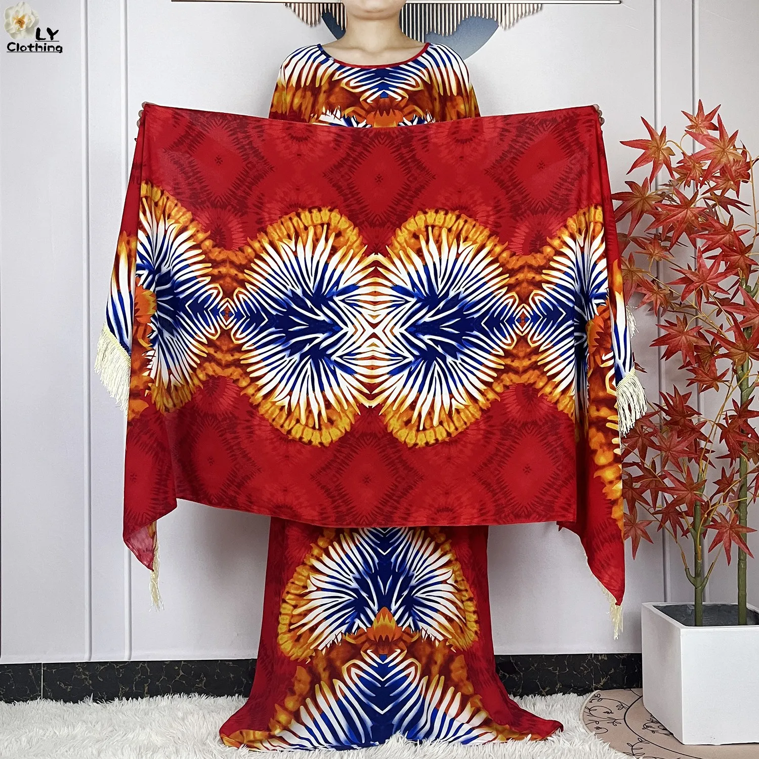 2024neue muslimische Frauen Kleidung Mode gedruckt Blumen Baumwolle lose Robe afrikanische Dashiki Femme Kurzarm Kleider mit großem Schal