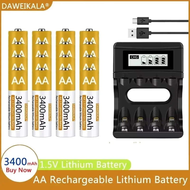 AA Battery 1.5V Rechargeable 3400mAh Lithium-ion Battery AA  Battery for remote control mouse fan Electric toy with USB charger