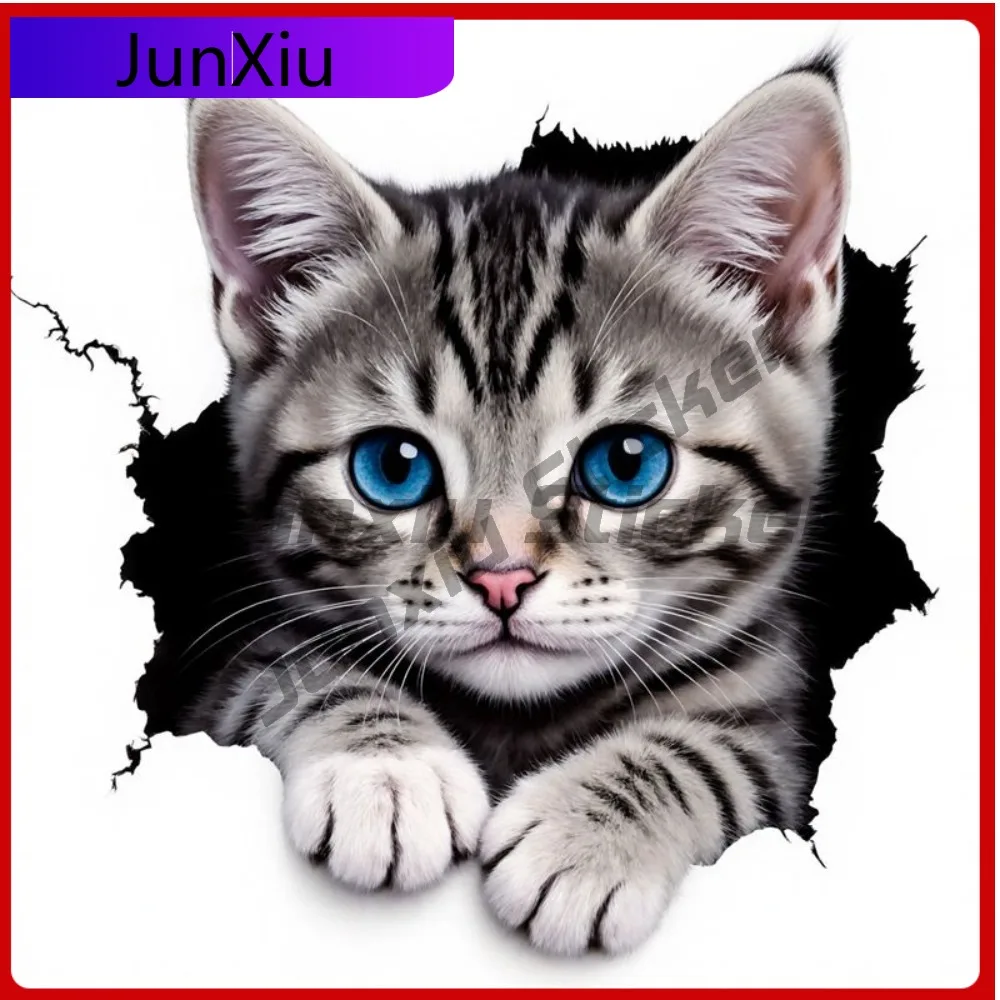 2D Flat Decal Adorable Gray Tabby Cat with Bright Eyes And Black Stripes Peering Through a White Outlin Vintage Car Laptop Wi