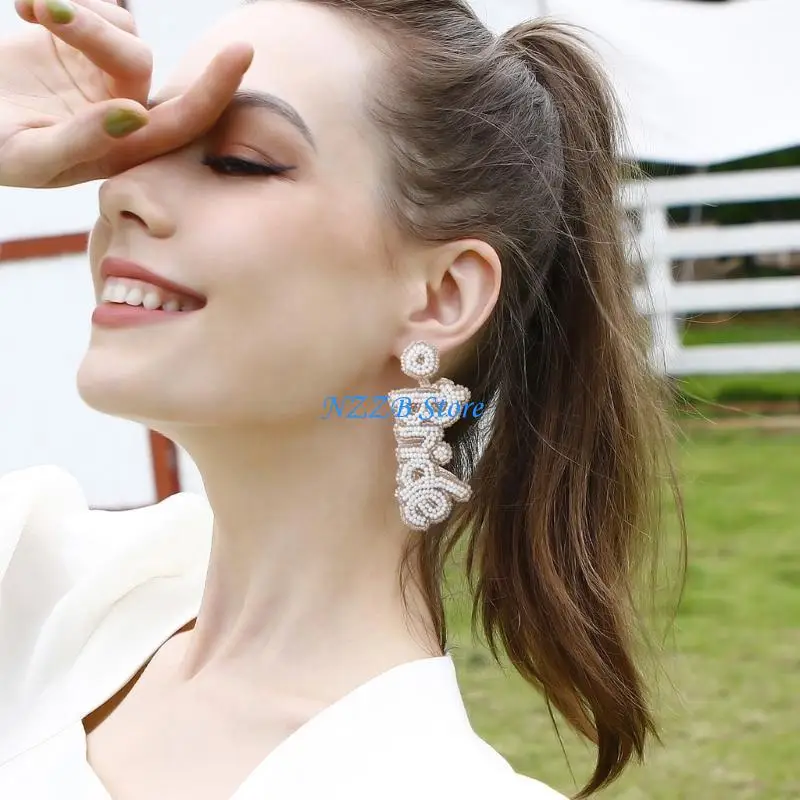 

T21F Handmade Boho Bead Earrings Bride Letter Rice Bead Earrings Fashion Jewelry