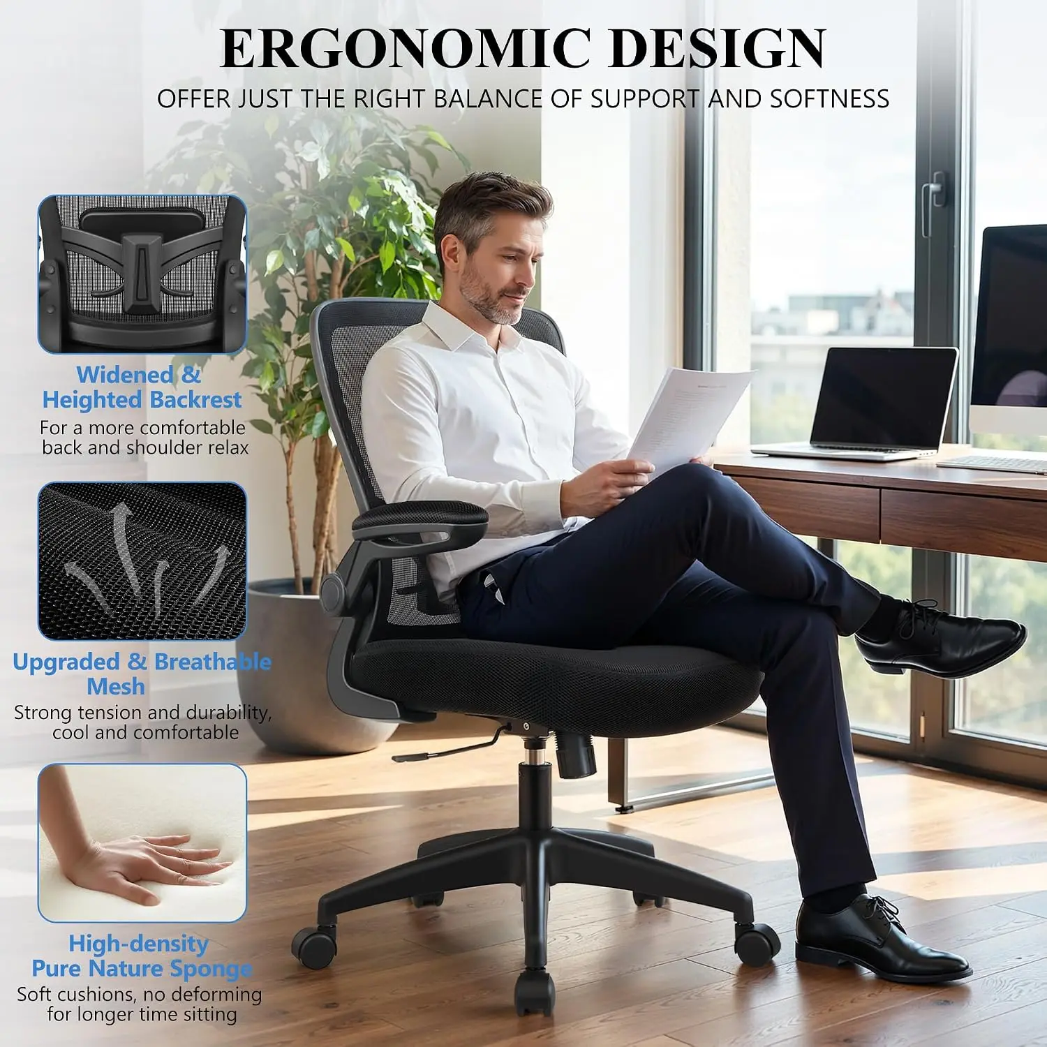 Ergonomic Mesh Office Chair with Lumbar Support, Adjustable High Back, Flip-up Armrests, Swivel Computer Desk Chair, Black view 6