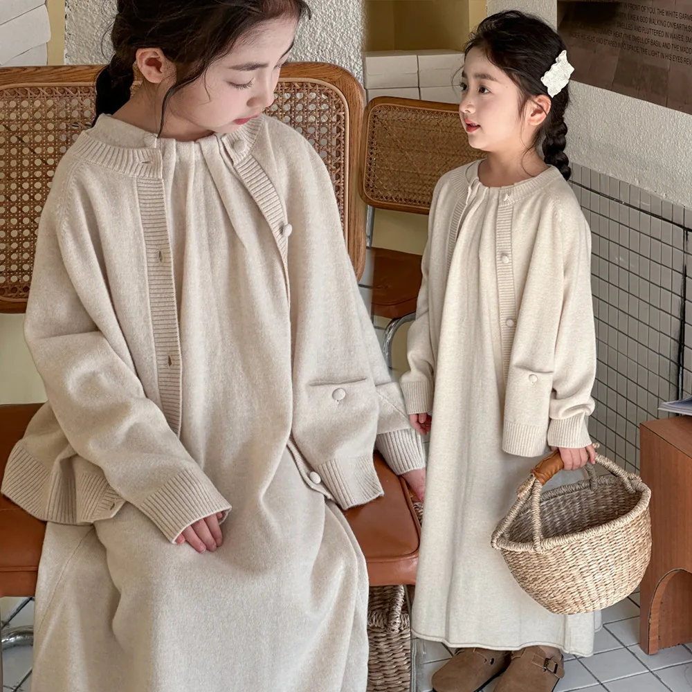 Baby Girl Clothes Suit Girls Knitted Suit Autumn Fashion Cardigan Coat Large Child Temperament Korean High-grade Two-piece Set