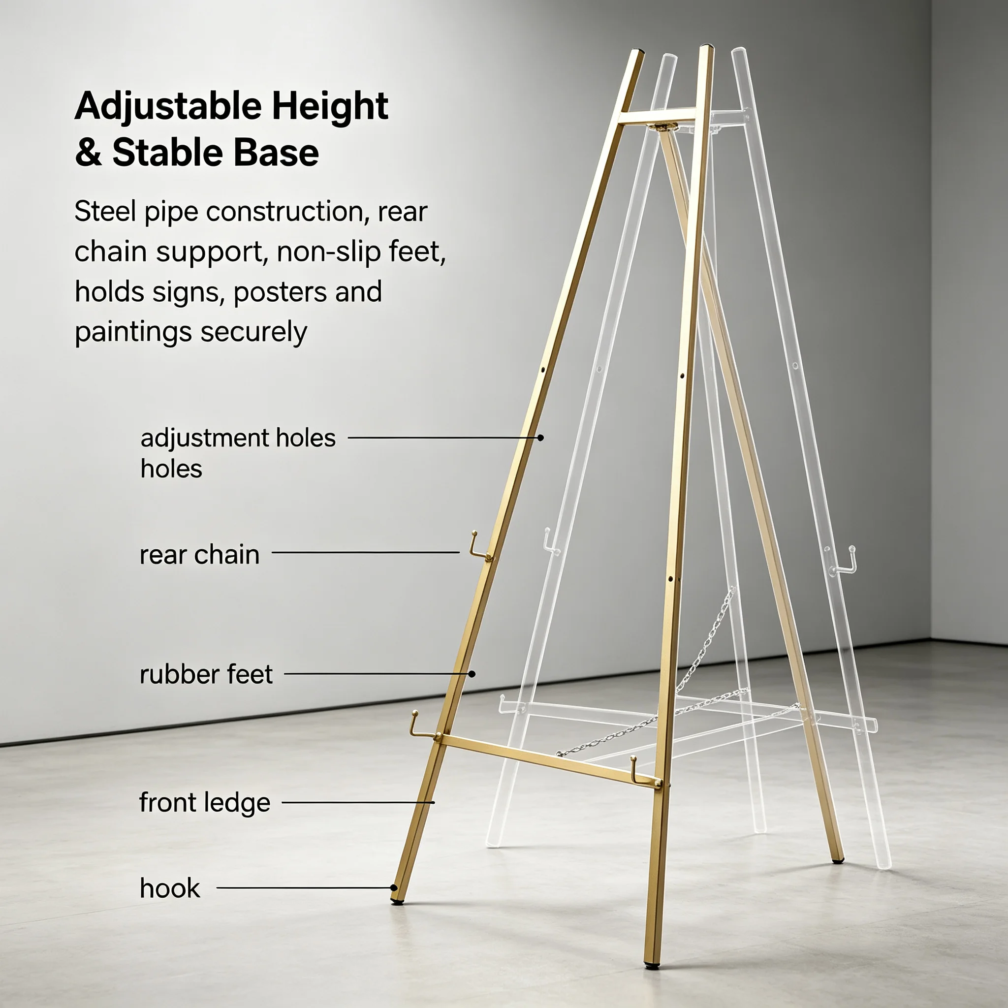 2-Pack Tall Steel Pipe Portable Floor Easel Stand Gold Finish, Adjustable Height & Angle Wedding Display Easel for Signs Posters Paintings, Foldable Heavy Duty 11.02lbs Capacity for Exhibitions Shops Events view 4