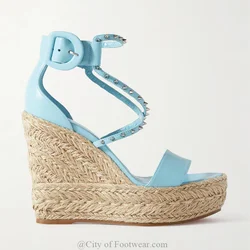 Rockstud platforma espadryle sandały damskie letnie klinowe skórzane buty na wysokim obcasie z paskiem na kostkę Baby Blue luksusowe designerskie buty imprezowe