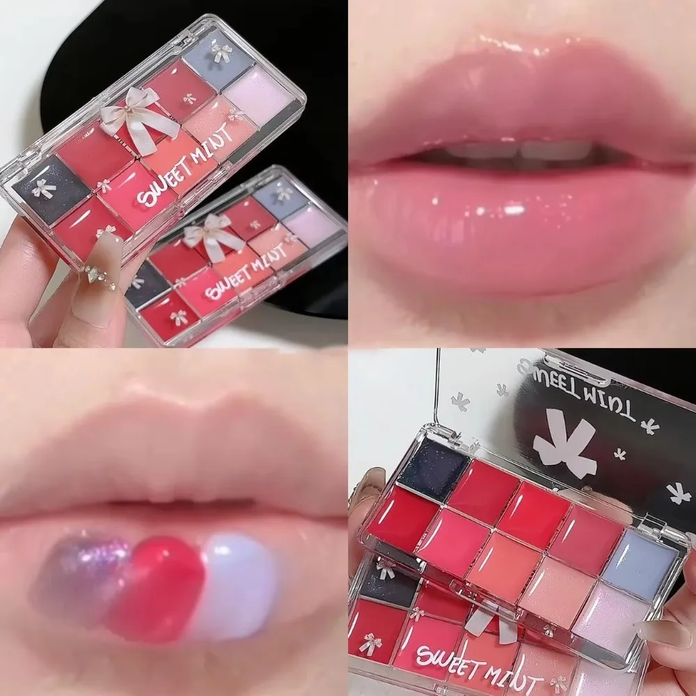 Placa de gelatina, 10 colores, labio rojo, naranja, bálsamo de aceite de labios regordete Sexy, paleta de maquillaje de vidrio de agua hidratante, brillo de labios de cristal espejo