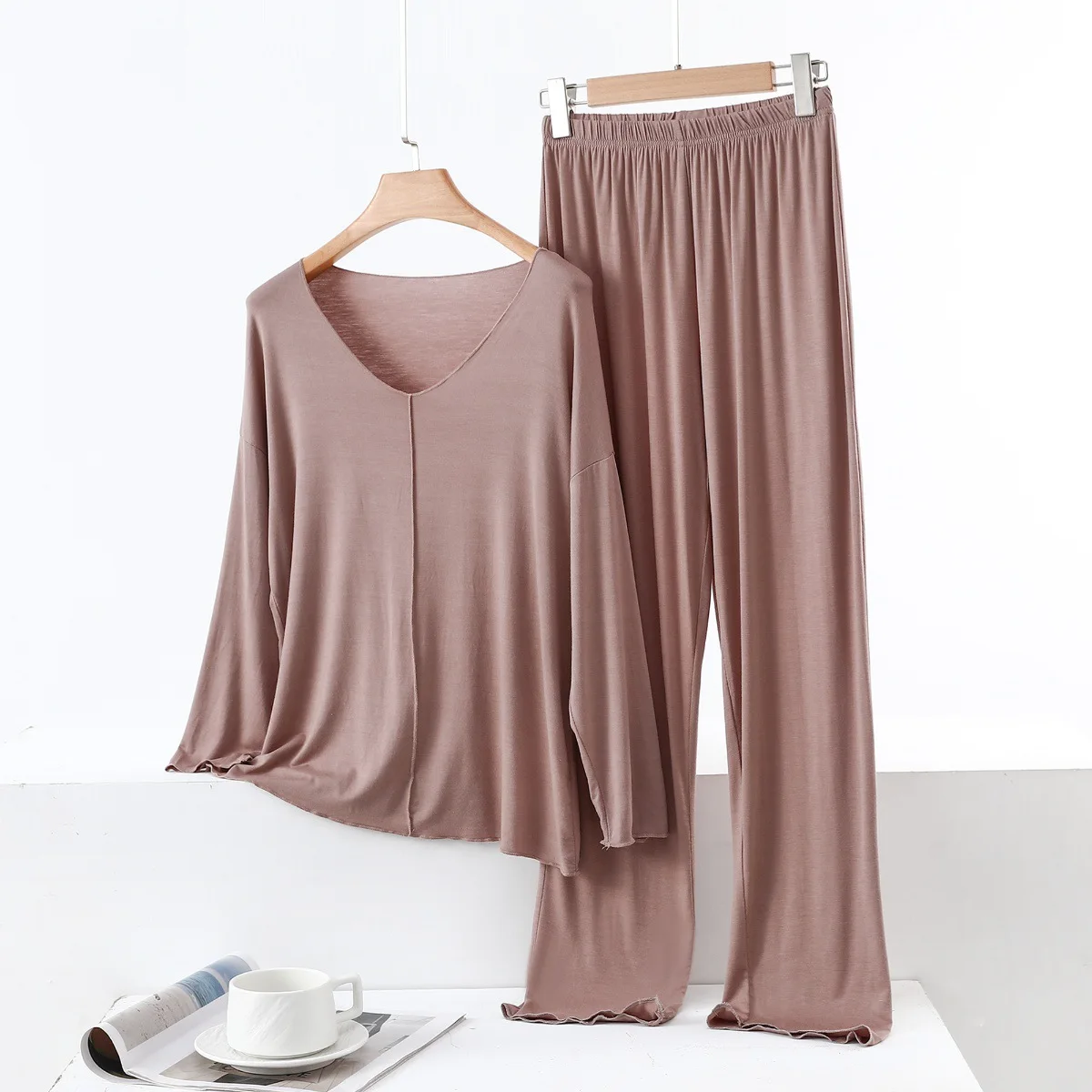 Comfortable Women's Pajamas Modal Casual Sleepwear Set Long Sleeve Nightwear Pyjamas V Neck Top Pant Home Suit Pijamas Mujer 3