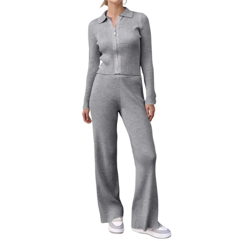 CYL-Women ツーピース ラウンジウェア 上下セット ワイドレッグ スウェットパンツ ハーフジップ 長袖 Vネック スウェットシャツ