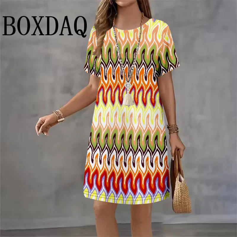 2025 ใหม่แฟชั่นรูปแบบฤดูร้อนชุดผู้หญิงสบายๆเสื้อยืดแขนสั้นหลวมสีสันลาย 3D พิมพ์