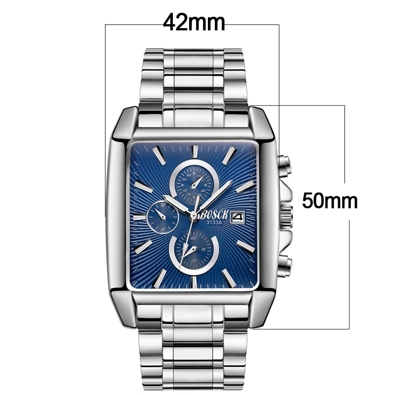 Rectangle Fashion Men Wristwatch Stainless Steel Watchband Casual Business Watches Sports Waterproof Big Dial Clock Male Watches