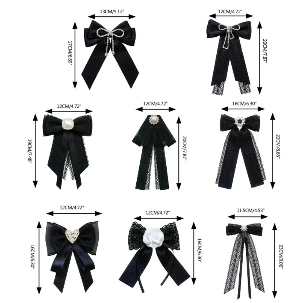 Elegant Lace Ribbon Bowtie College Style Korean Fabric Bow Brooches Black Student Shirt Collar Rhinestones Jewelry Women Girl