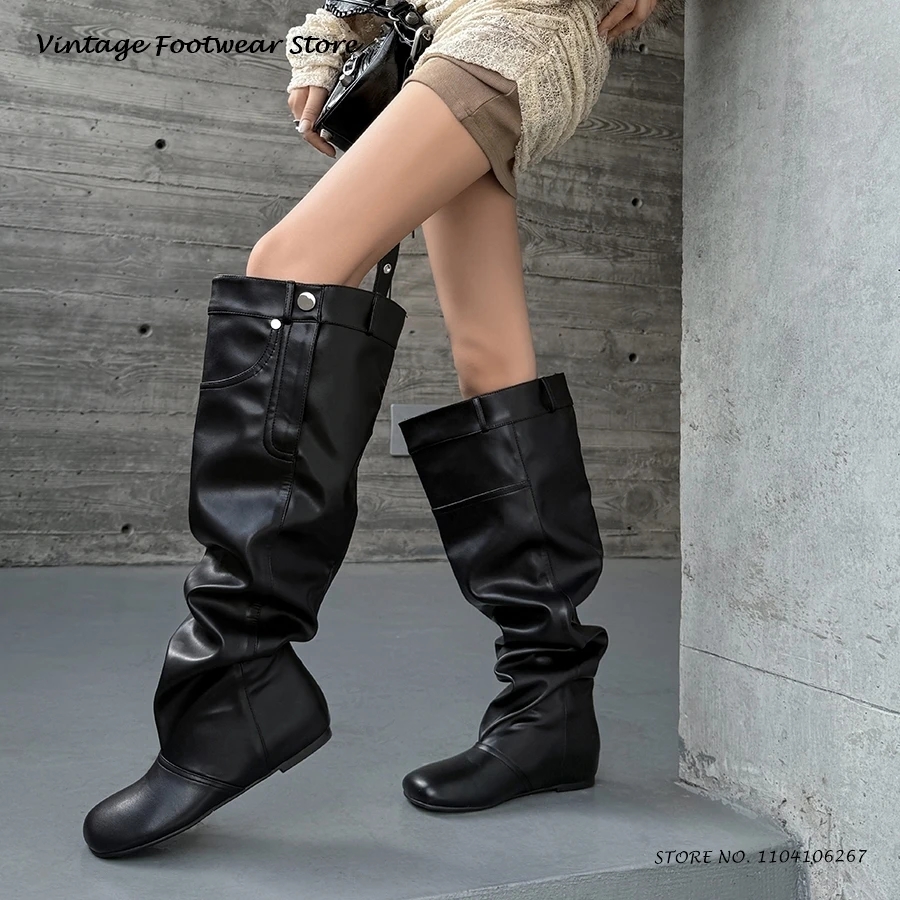 Wide Shaft Pleated Knee-high Boots Casual Street Style Catwalk Runway Trending Shoes Women's Round Toe Low Wedges Modern Boots