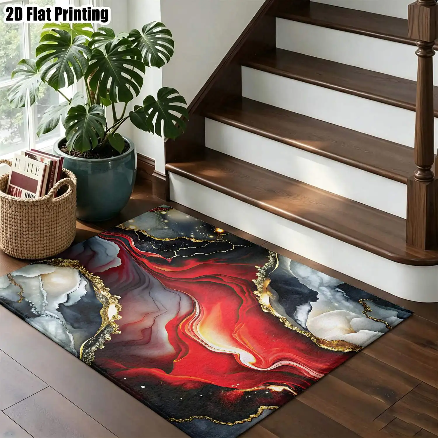1Pc 2D Printed Abstract Art Carpet: Red, Black & Gray European/Instagram-Style, Modern Minimalist Geometric Line Floor Mat, Home Decor, Multi-Size, Machine Washable, Suitable for Entrance, Living Room, Bedroom, Dining Room, Foyer.