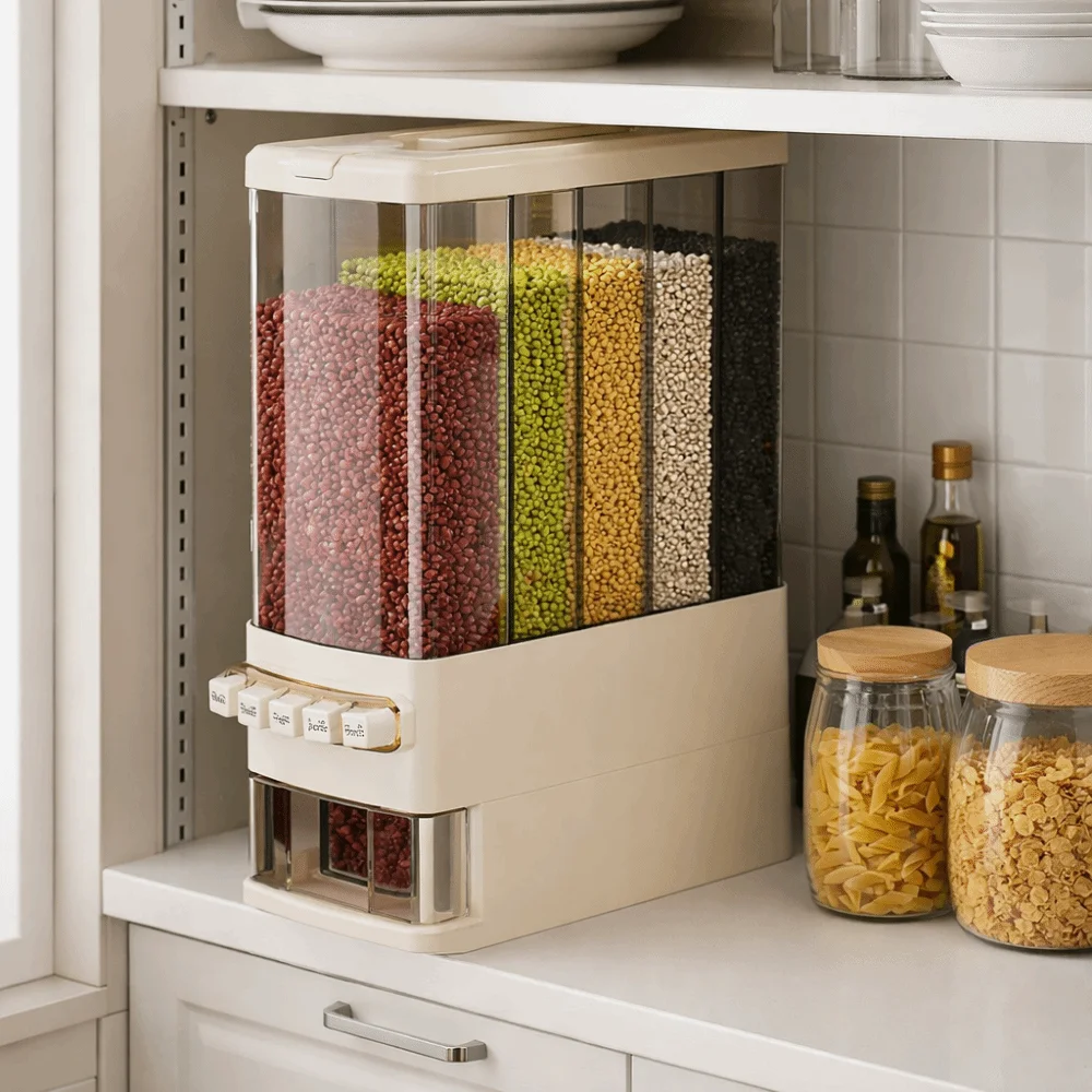 

5 Compartments Separated Grains Dispenser Built-in Measuring Cup Pest-Proof Grain Storage Box Moisture-Proof Large Capacity