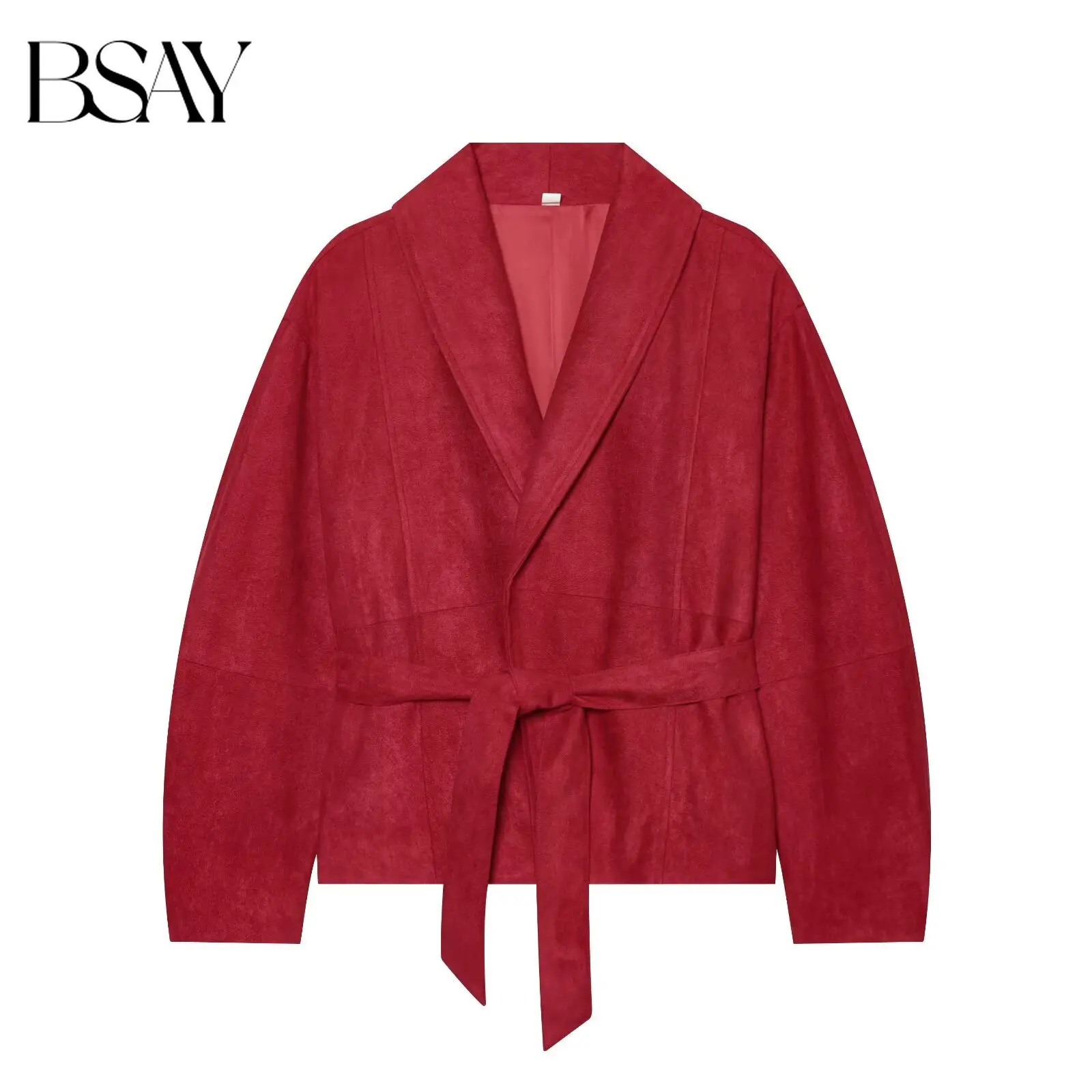 BSAY 2026 Autumn Women's Minimalist Relaxed Style Wrapped Jacket With Belt Long Sleeved Loose Short Solid Color Daily Outerwear