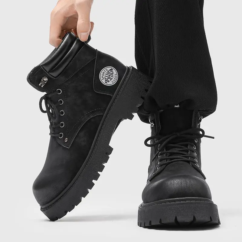 New Men British Style Yellow Ankle Boots Retro Height Increasing Work Motorcycle High Top Lace Up Casual Outdoor Fashion Shoes