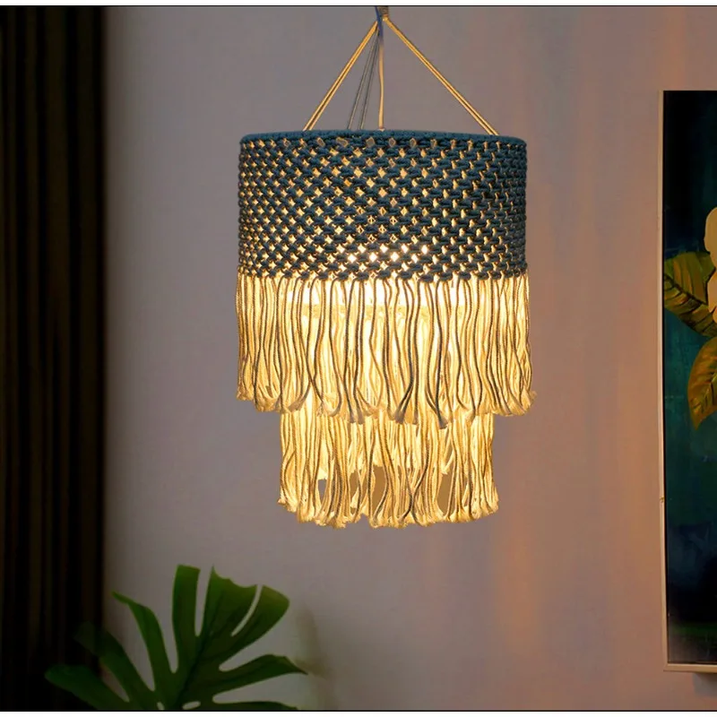 Bohemian Handwoven Cotton Rope Pendant Light, Macrame Lampshade for Home Hotel Decor, Tassel Diffuser Cozy Ambiance
