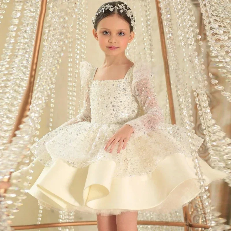 

Flower Girl Dresses Champagne Puffy Sequin With Bow Long Sleeves For Wedding Birthday Party Banquet Princess Gowns