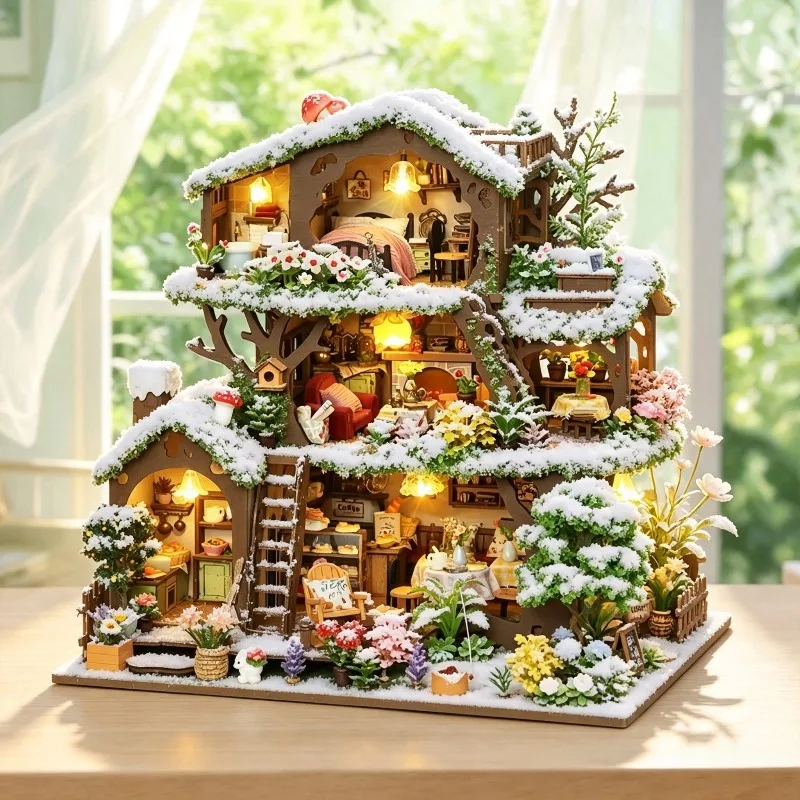 DIY Wooden Winter Snow Treehouse Villa Cottage Miniature Dollhouse 3D Puzzle Assembly Model Kits for Adults Gifts Home Decor