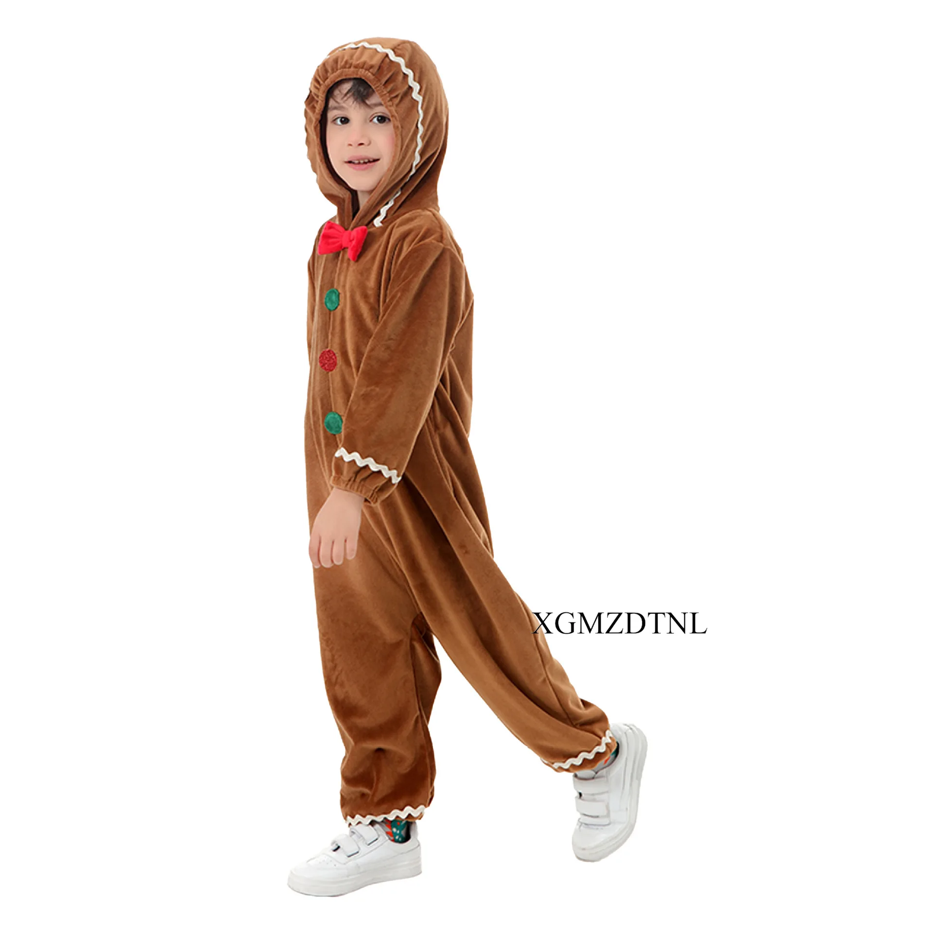 Christmas Children Cosplay Costume Boys and Girls Gingerbread Man Hooded Bodysuit New Year Party Dress Up Performance Suit Cute