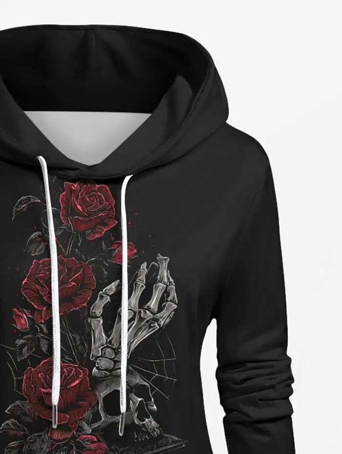 Plus Size Women\'s Sweatshirt Gothic Skull Skeleton Flower Book Printed Pullover Long Sleeves Hoodie 3D Graphic Pullover Tops