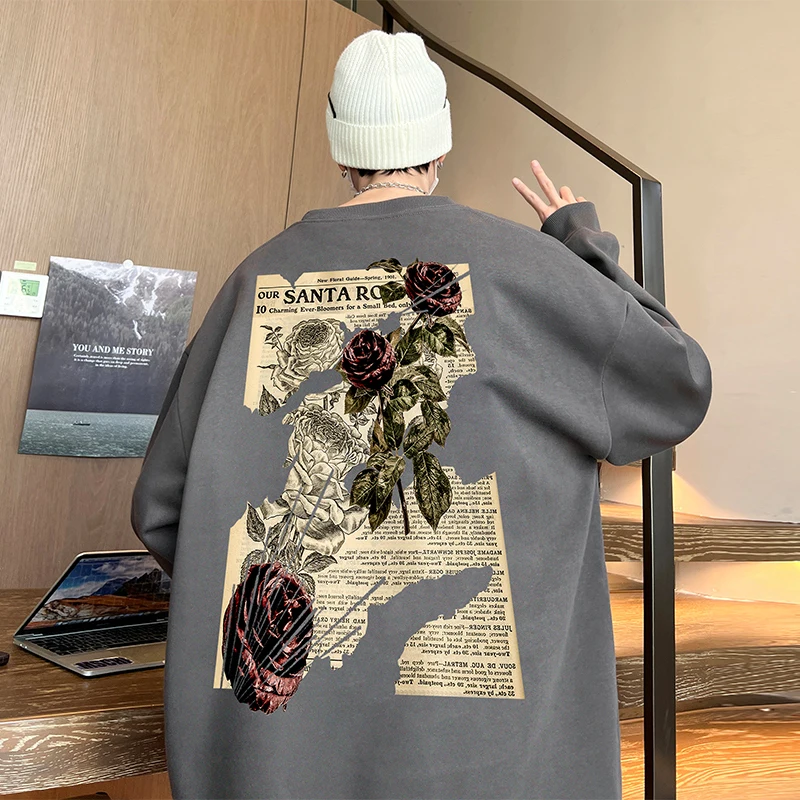 Mens Sweatshirt Vintage Rose Pattern Printed Gothic Sweatshirts Men Women Clothing Hippie Couple Sweatshirt Cotton Long Sleeve