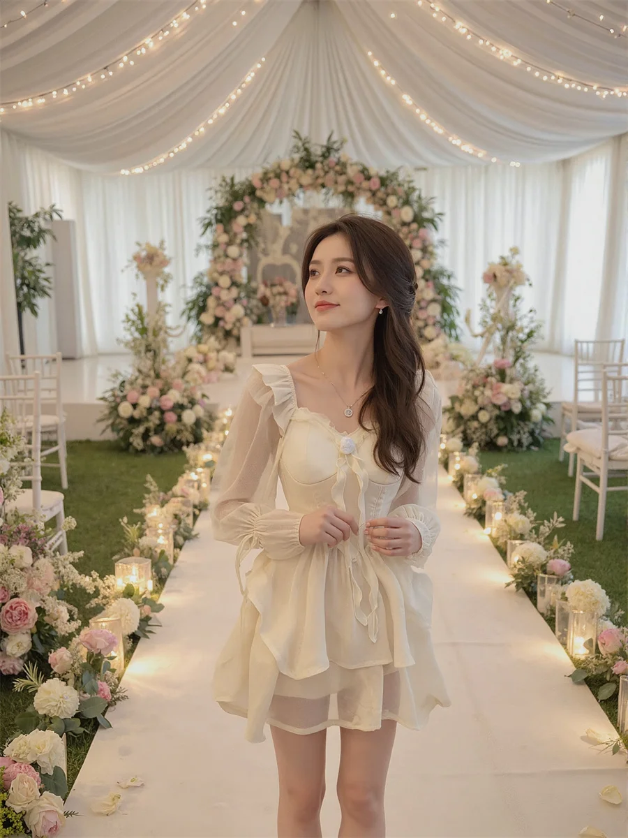 여성용 흰색 드레스 A라인 리본 단색 봄 플레어 소매 브이넥 루즈핏 오버사이즈 반오픈 터틀넥 프린트 실키