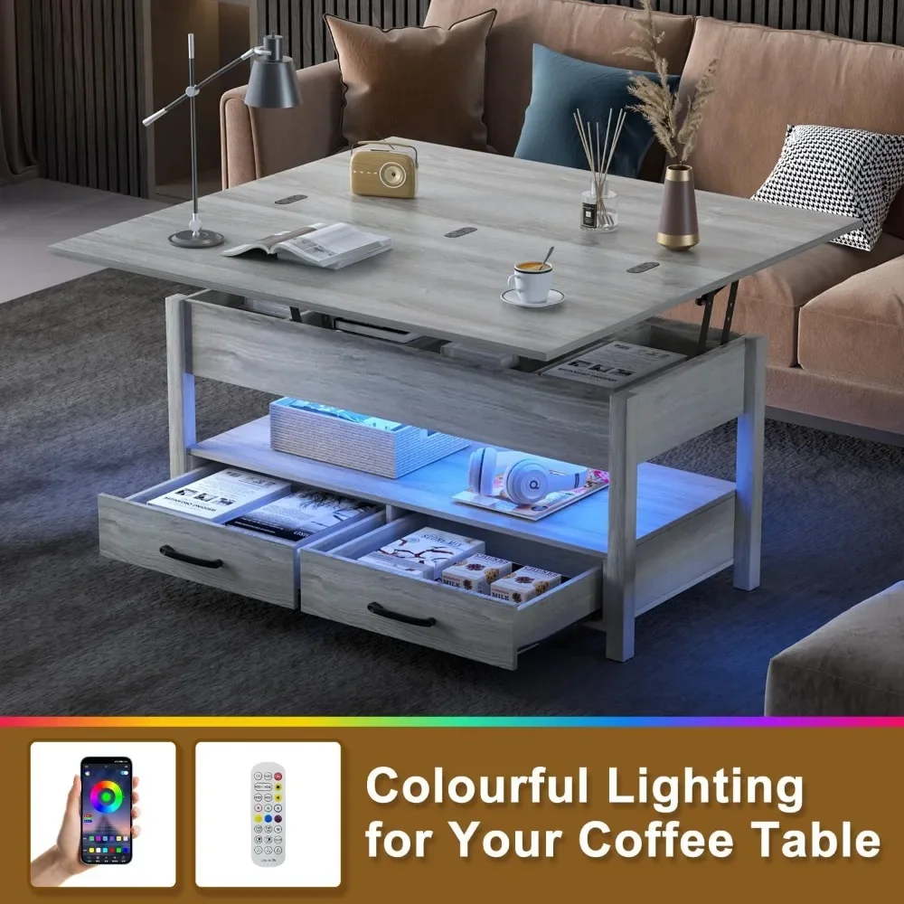 Mesa de centro elevatória com LED, mesa de centro multifuncional 3 em 1 com gavetas e compartimentos ocultos, mesa de centro
