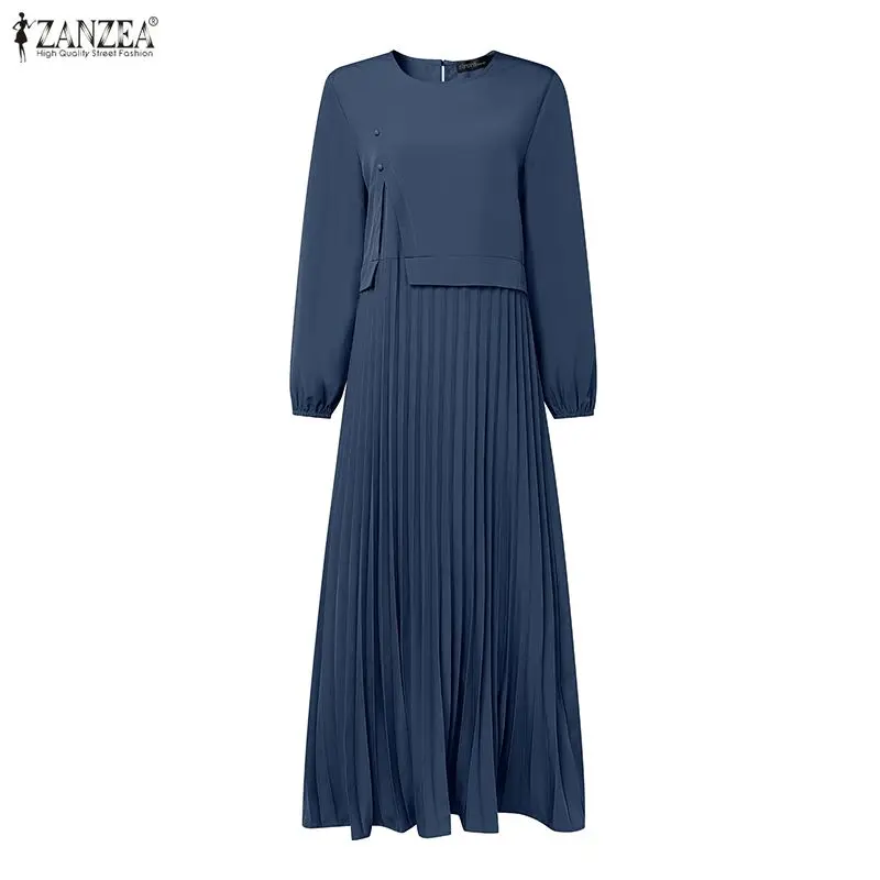 ZANZEA Ramadan Robe Muslim Abaya Hijab Long Dress Women Spring Patchwork Dresses Fashion Elegant Long Sleeve Pleated Sundress