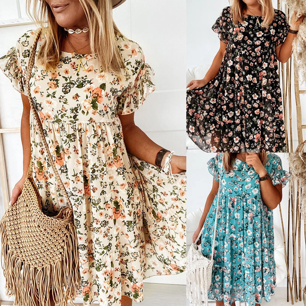 Casual Floral Print Summer Dress Boho Short Sleeve Woman Dress Female Loose Ruffles Mini Dresses For Women 2022 Robe Femme