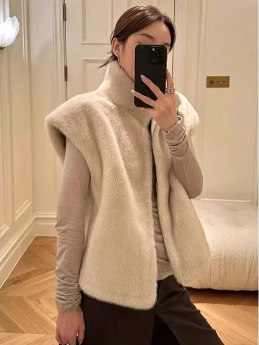 Winter New Chic Waterfall Shawl Collar Long Sleeve plus Size Women's Fashionable Faux Fur Vest Luxury Outerwear Jacket