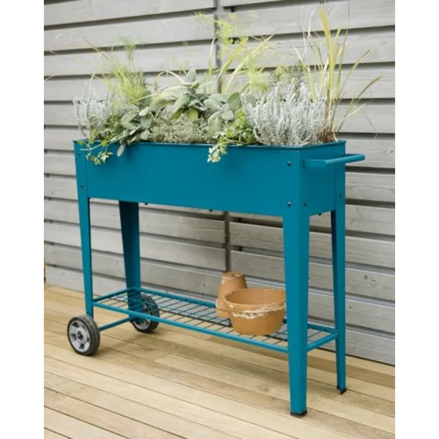 Metal Elevated Planter Cart with Wheels Heavy Duty Outdoor Garden Work Table Steel Planter Box with Side Metal Sidewalls Best f