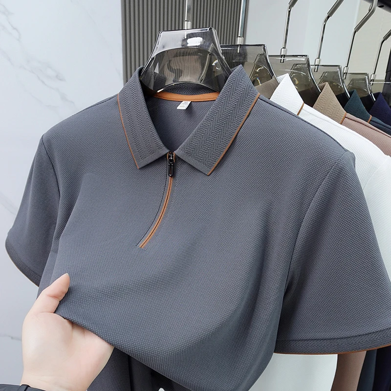 Light luxury brand short sleeved men polo shirt summer fashion lapel metal half zipper design boutique top cotton casual T-shirt