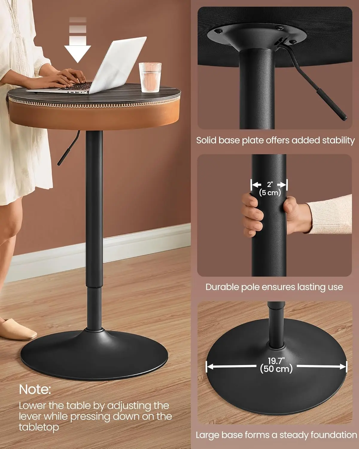 Vasagle Ekho Collection - Height Adjustable Bar Table, Round High Pub Table With Storage, Synthetic Leather With Stitching,