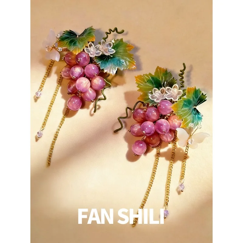 Grape Cluster Tassel Side Hair Clip Lolita Ancient Chinese Style Daily Hanfu Alligator Clip Hair Accessory Handmade Gift for Her