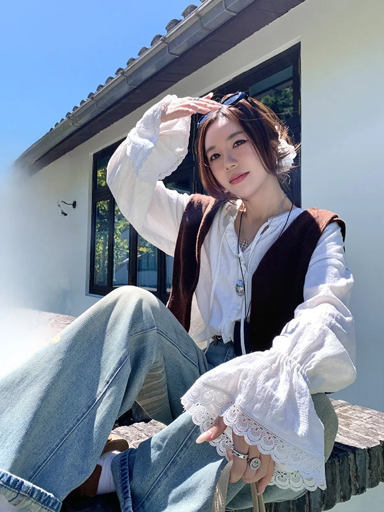 Blusa Holgada de Algodón Puro con Cuello Alto y Bordado con Patrón de Besos de Queso, Estilo Informal y Holgado para Mujer...