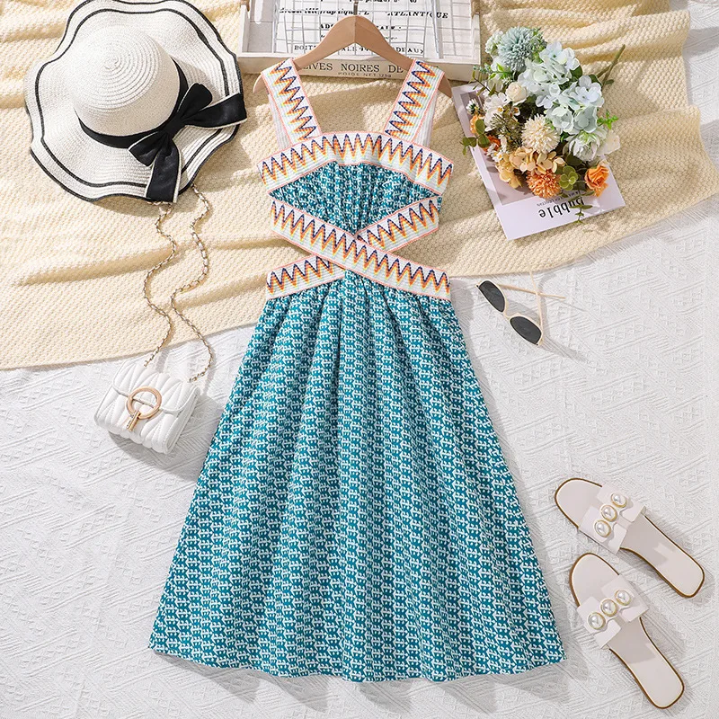 2024 New Arrival Girls Sleeveless Hollow Out Striped Blue Roupa Infantil Menina Cute Party Dress Custume 8-12T