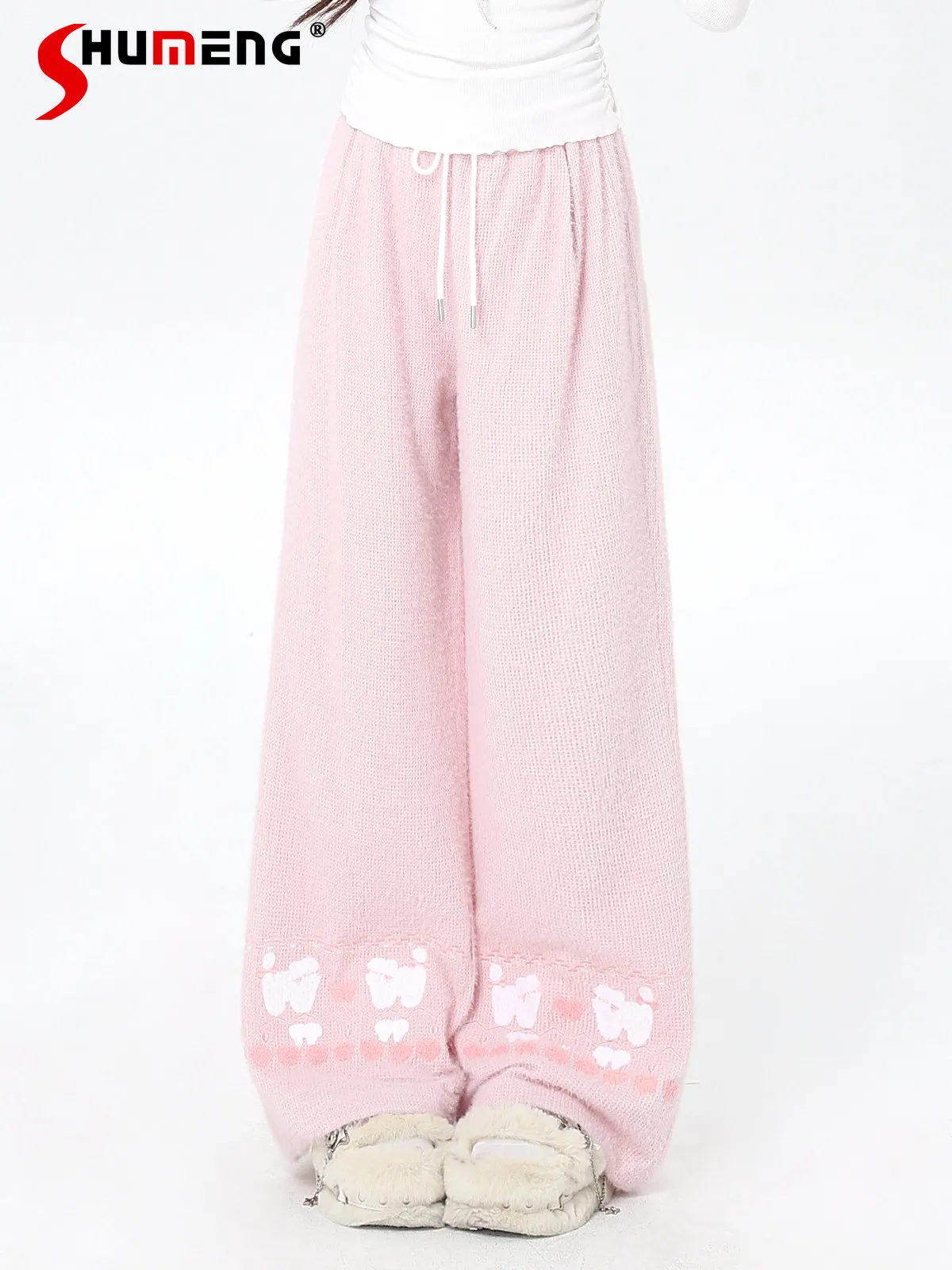 

Японские милые милые розовые мешковатые брюки Y2K с высокой талией, прямые плюшевые повседневные широкие длинные брюки с героями мультфильмов, женские весна 2026 г.