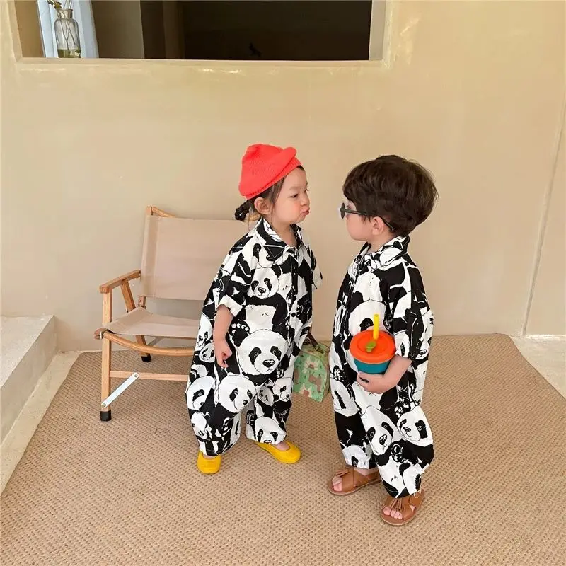 

Summer Boys and girls panda print half sleeve jumpsuits Kids turn-down collar ankle length playsuits