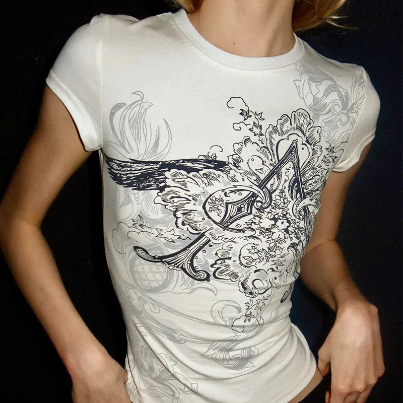 Open navel white short sleeved round neck casual women's T-shirt y2k summer vintage print waist slimming top