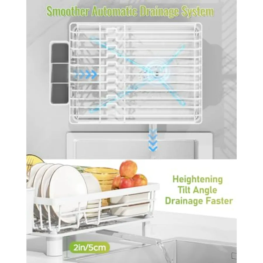 رف تجفيف الأطباق الموفر للمساحة لطاولة المطبخ مع فوهة تصريف قابلة للدوران 360 درجة، رف أطباق متعدد الوظائف يتميز بمدمج