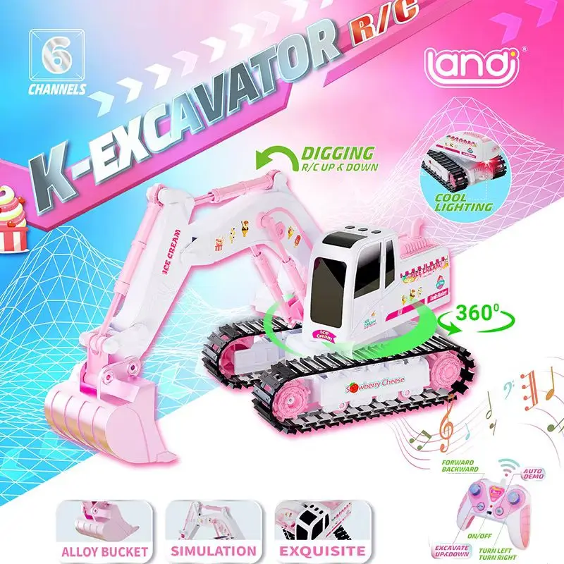 1/24 Alloy Excavator Crawler Rc Car Girl Heart Pink Romantic Toys Manual Shaking Of The Head Arm Movable Luminous Sound Toy