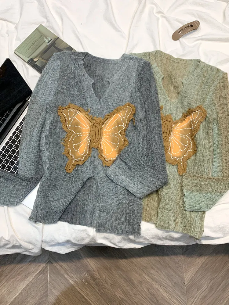 Green Gradient Slim Fit Long Sleeve V-Neck Knitted Sweater Women's Fashion  Embroidery Base Layer Split Top