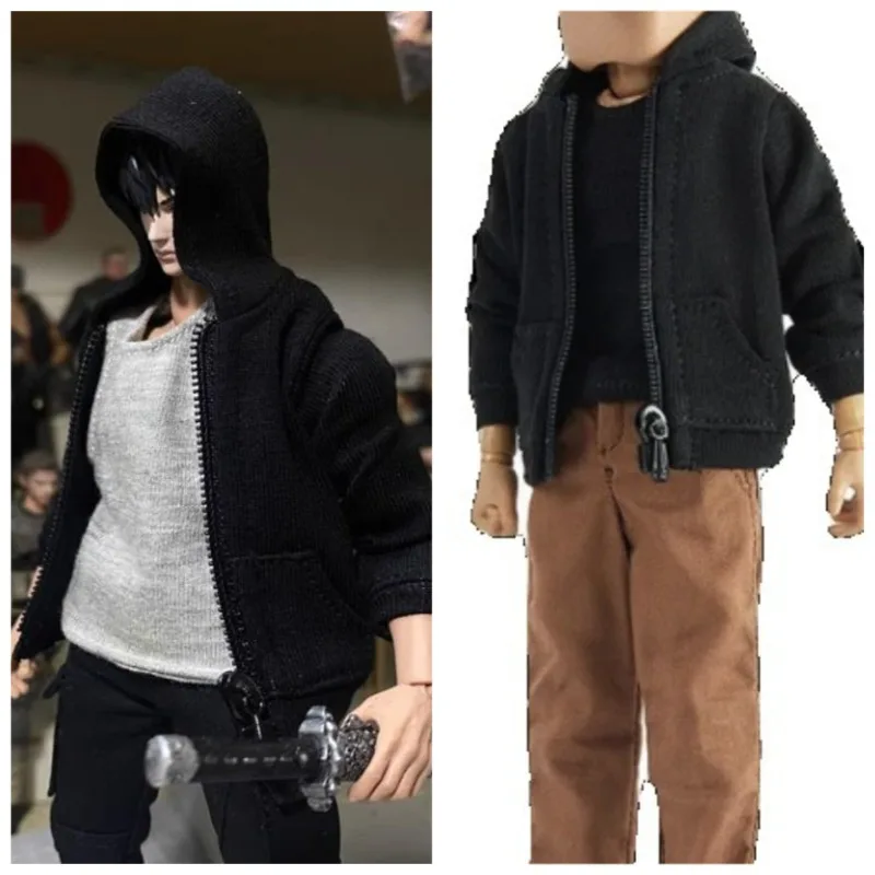 Maßstab 1:12, männlicher Soldat, schwarze Weste, modischer lockerer Kapuzenmantel, schmale Passform, gerades Hosen-Set für 6-Zoll-Actionfiguren, Puppenkörper