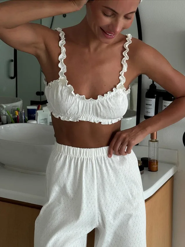 Women's Sleepwear Set Strapless Bra Shorts Long Pants Sleeveless Home Clothes Two-Piece Suit European Style Outdoor Spring Youth