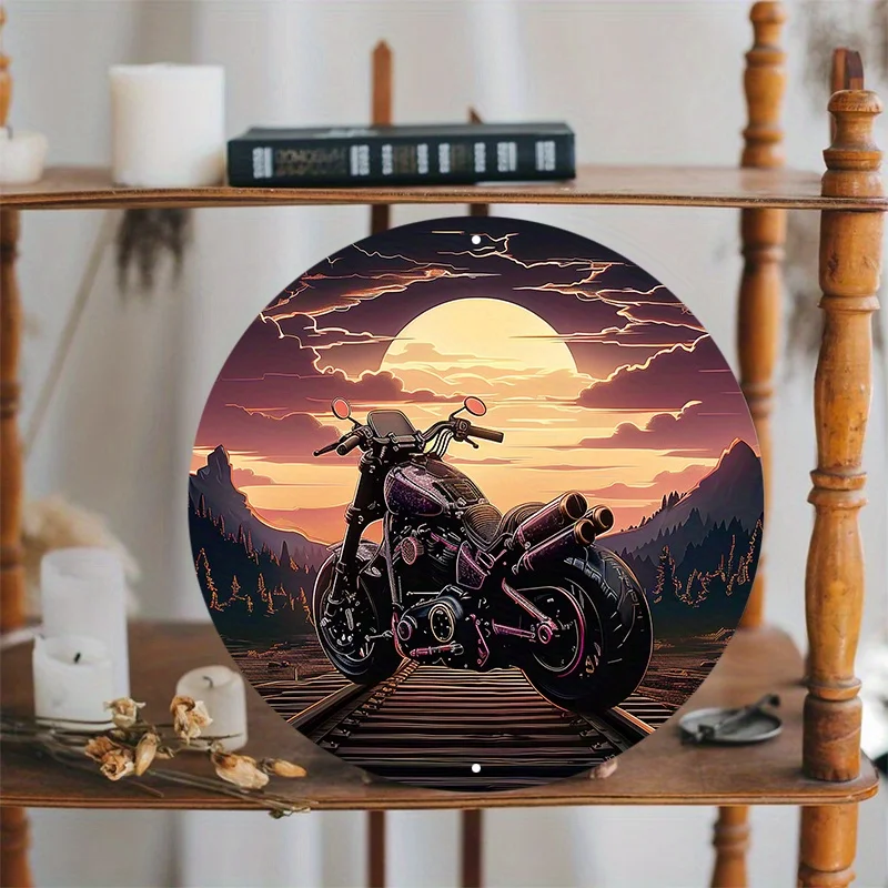 Aluminum Motorcycle Sunset Wall Art Decor, Round Metal Sign, Scenery Circle Plaque, Waterproof, Home Decor, 8x8 Inch